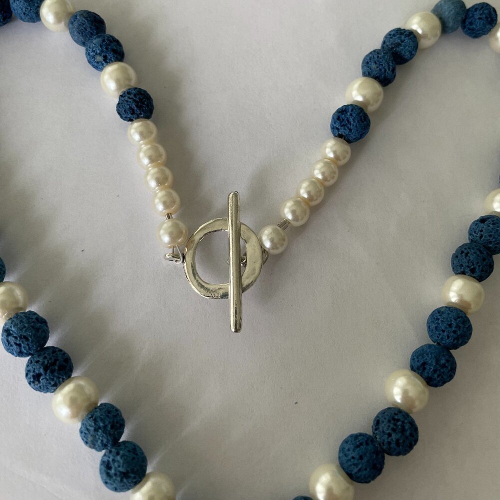 Blue Lava Stone and Glass Pearls Necklace and Pierced Earrings Set - Picture 4 of 5